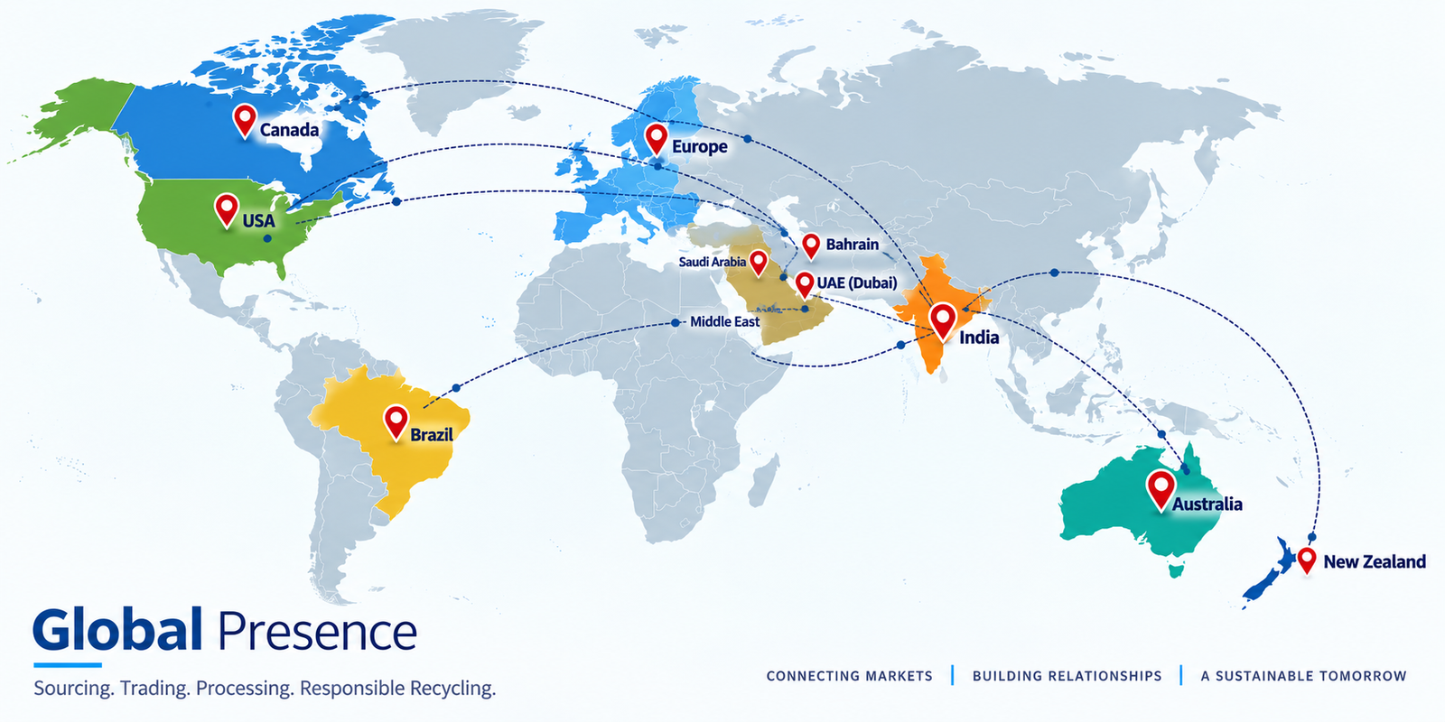 Map of VDR Metal's global presence across North America, South America, Europe, the Middle East, South Asia and Oceania